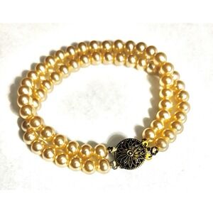 Vintage 2 strand Gold over Sterling Faux Pearl Bracelet Stamped‎ Sterling